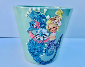 Vintage Mermaid Seahorse Planter, Turquoise Ceramic Flower Pot, Kitsch Decor