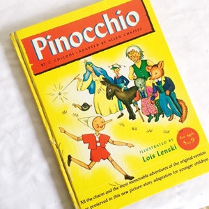 Vintage, livro infantil, Pinóquio de C. Collodi, adaptado por Allen Chaffee, ilustrado por Lois Lenski, Copyright 1946, Random House,