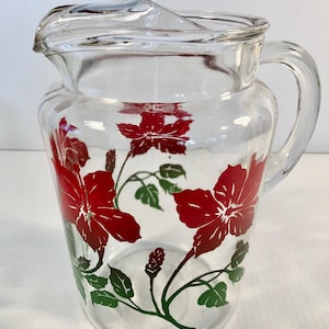Vintage, Floral Glass Pitcher, Clear Pitcher with Red Flower/Green Leaf Design,  Rare Large Retro Pitcher, MCM Pitcher, Vintage Kitchen