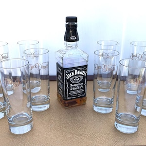 Vintage, jaren 1970, set van 10, Jack Daniels Tennessee Whiskey, gouden highball cocktailglazen met script en zware glazen bodem