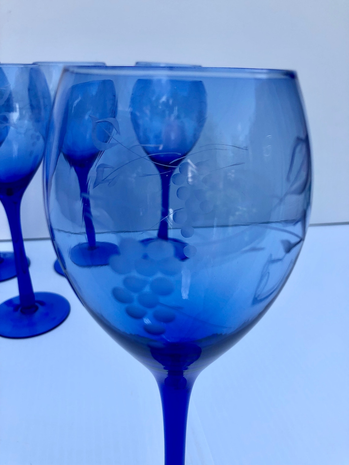 Vintage Blue Glass Set of 7 Wine Glasses With Etched Grape Etsy