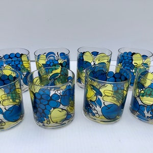 vintage Beverage/Bar Glasses, Set of 8, Retro Blue & Yellow Stain Glass Fruit Tumblers, Pristine Condition, Dominion Drink Ware, Superbe