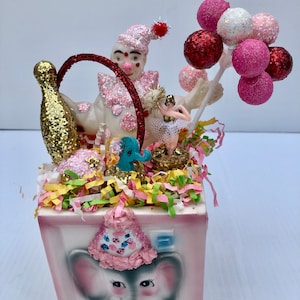 Vintage Circus Assemblage, Adorable Circus Nursery Animals Planter with Up Cycled Clown, Balloons, Ballerina, Elephant, Ball & Juggle Pin