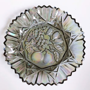 Vintage Federal Glass, Art Glass Bowl, Pioneer Carnival Iridescent Fruit Embossed Serving or Display Bowl,  Smoke Color Iridescent Glass/MCM