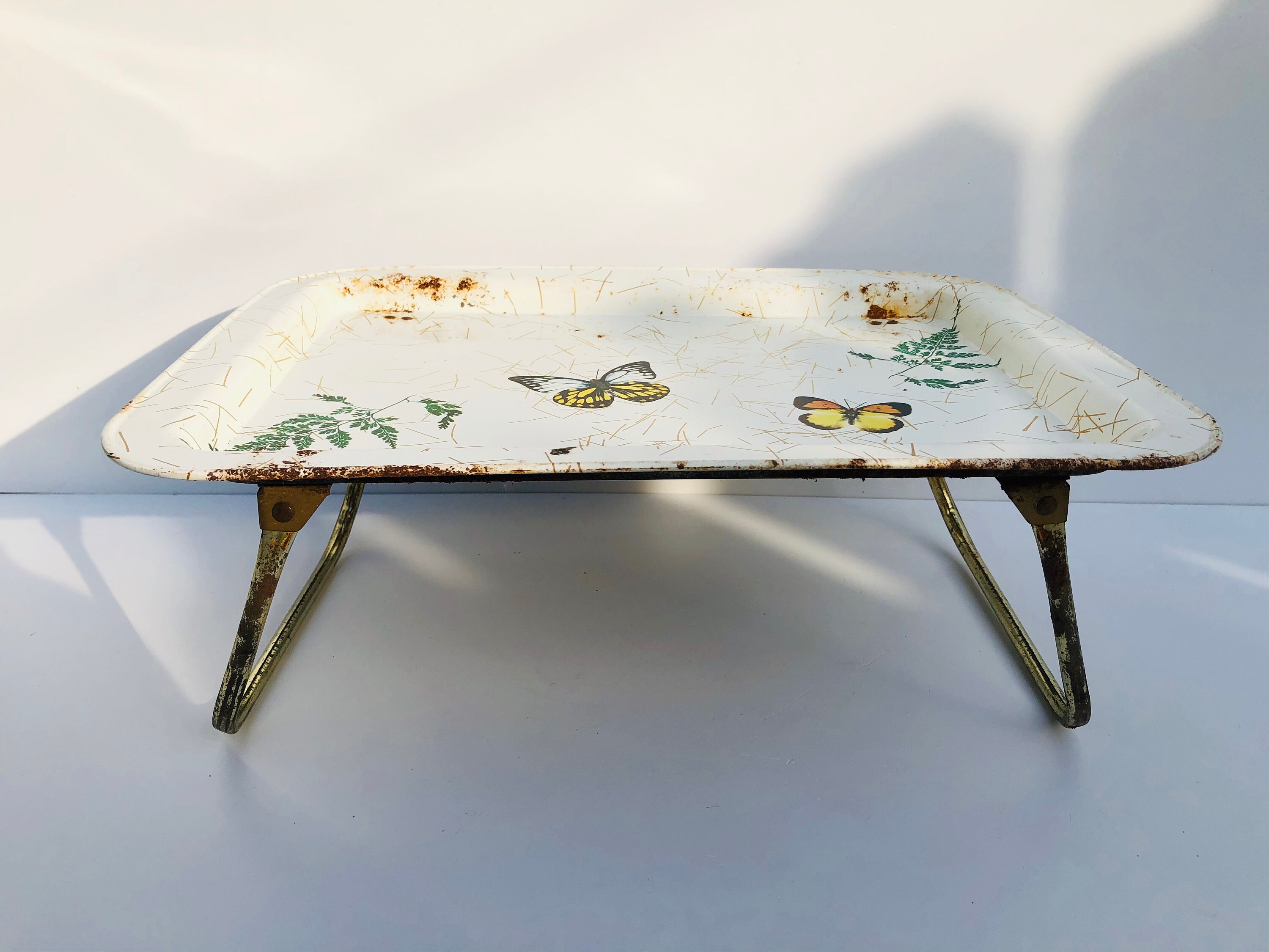 Vintage White Metal TV Tray Vivid Butterfly and Foliage Pattern