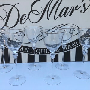 Vintage, Extra Tall, Optic Paneled, Wine Glasses with Gold Rims, 6 Piece Set of Elegant, Hand Blown, Stemware