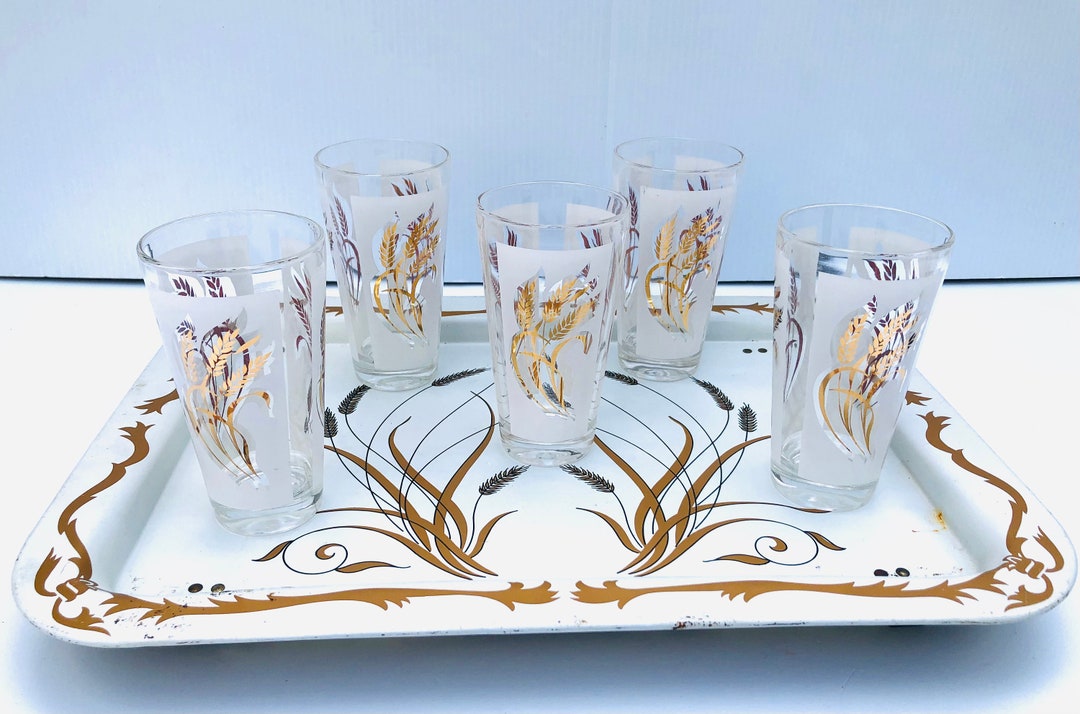 Vintage MCM Drinking Glasses, Metallic Gold Wheat & White Block MCM