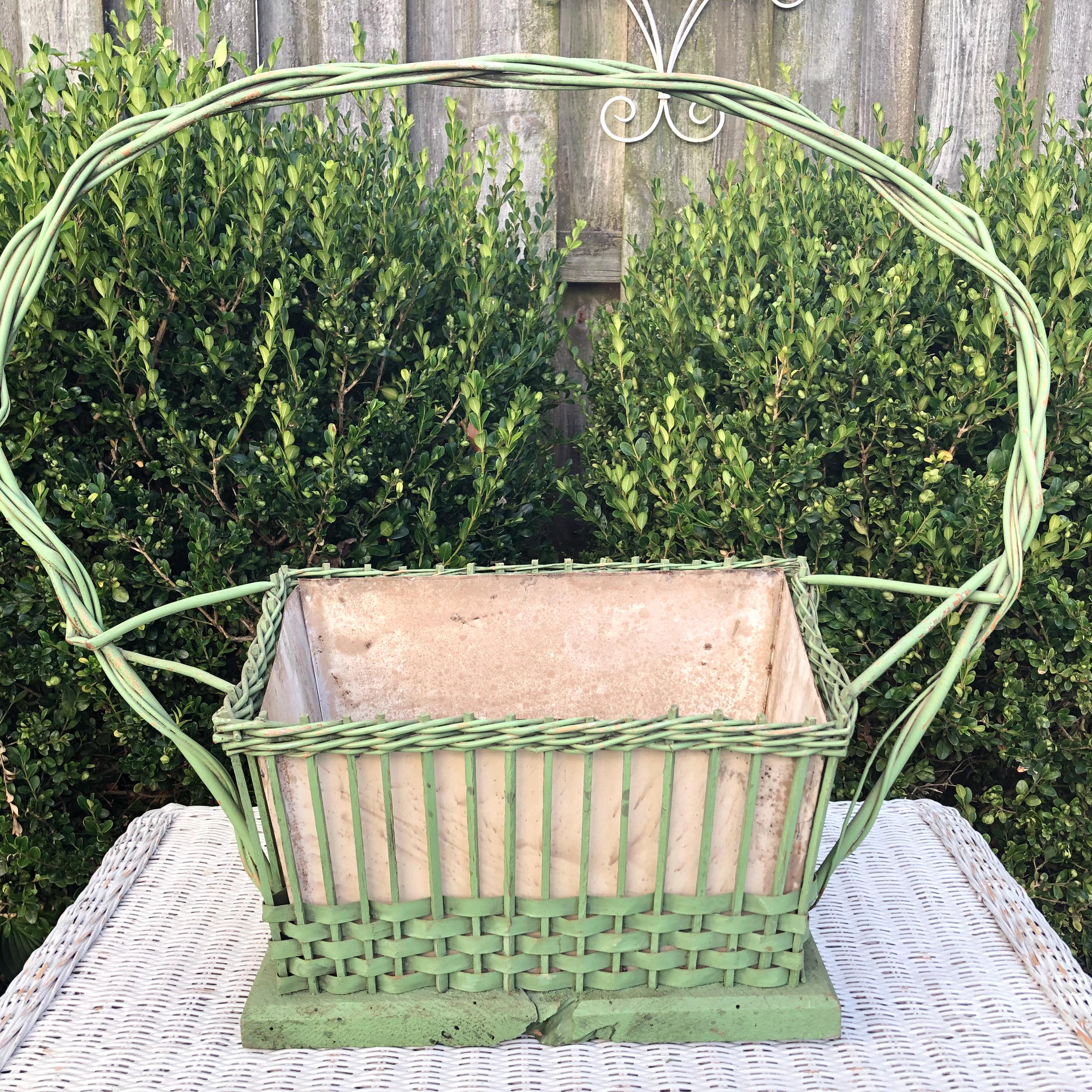 Vintage Wicker Plant Basket, Light Green Funeral Flower Basket