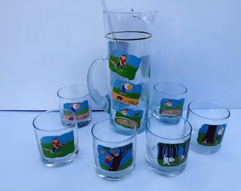 Vintage Cocktail Set, Golf Comic Cartoon Graphics, Ashby Pitcher and Glasses