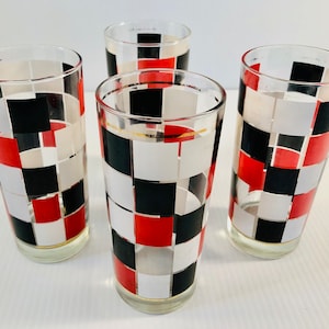 Vintage drankglazen, zeldzame set van 4 retro glazen bekers/highballs met ruitpatroon, geometrische rode, witte en zwarte vierkante drankset