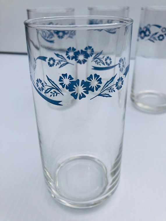Vintage Corelle Blue Flower Glass Tumblers, Set of 4, Cylinder