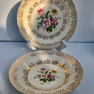 Vintage Floral China, Homer Laughlin Eggshell Nautilus USA M45 N5 Vogue Dinnerware 22K Gold 10 Piece Set, Beautiful Rare Pattern