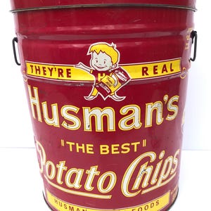 Vintage Large Red Husman&#39;s Potato Chips Tin with Metal Handles/Chips Advertising Tin/Bertels Can Co./Collectible/Storage/ MCM Kitchen, Retro
