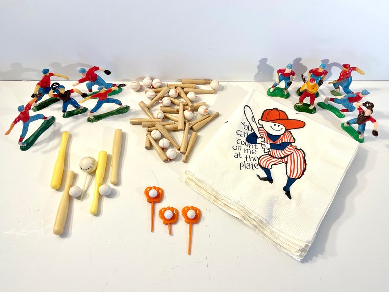 Vintage Baseball Party Lot 60Pieces Baseball Team CakeCupcake Decorations Napkins GlovesMitts Balls Bat Picks
