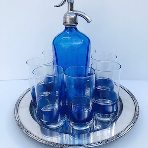 Vintage, Hazel Atlas, Large, Beverage Tumblers, Clear with 2 Blue Stripes Framing Blue Band Design, Set of 8, Pristine Set, Classic Prep