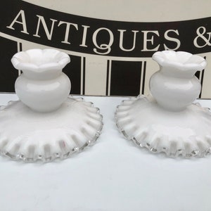 Vintage, Fenton, Milk Glass Candle Holders with Ruffled Bases and Clear, Scalloped Rims, Excellent Condition, Silver Crest Pair