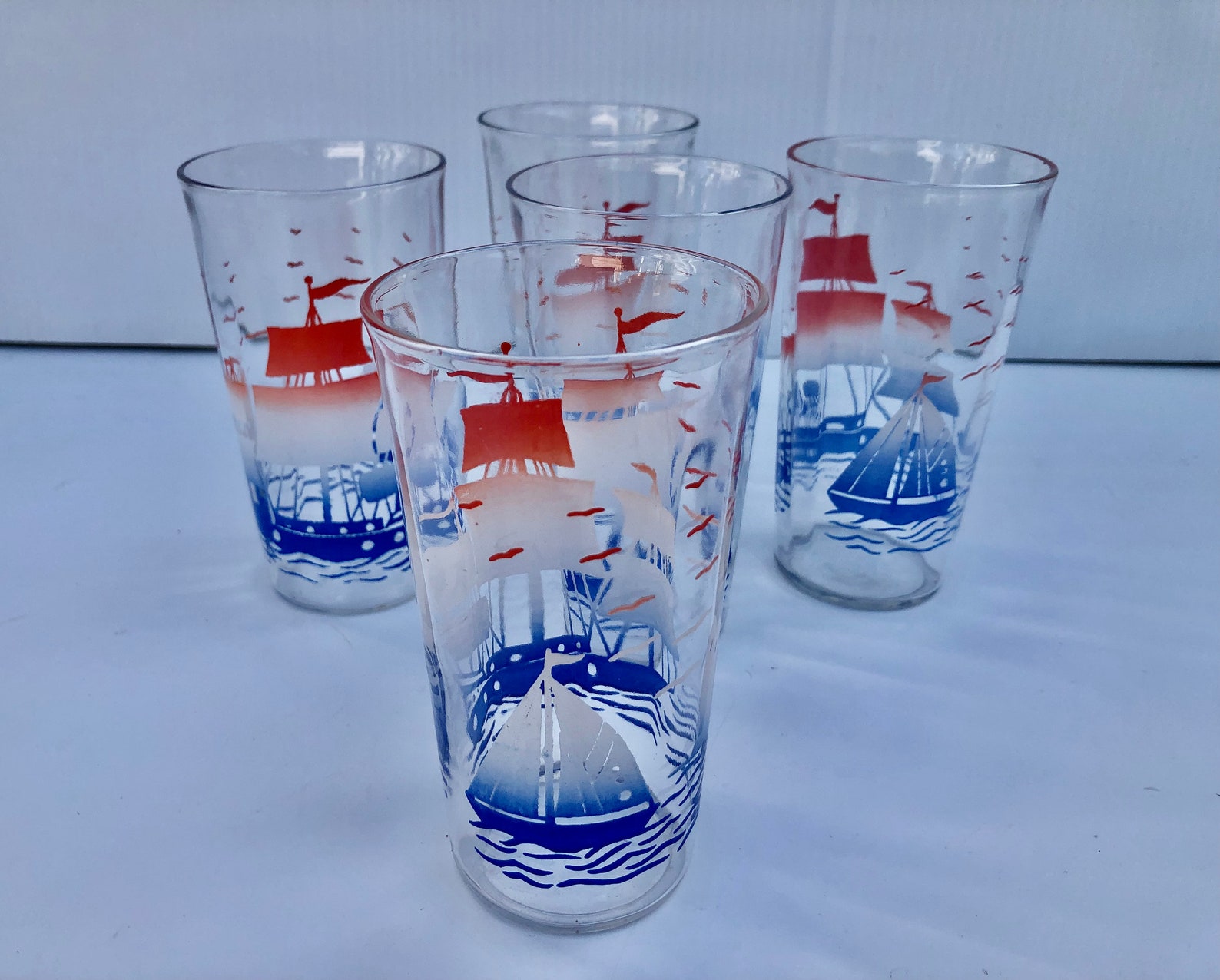Vintage Glass Pitcher & Tumblers 6 Piece Set Red White and Etsy