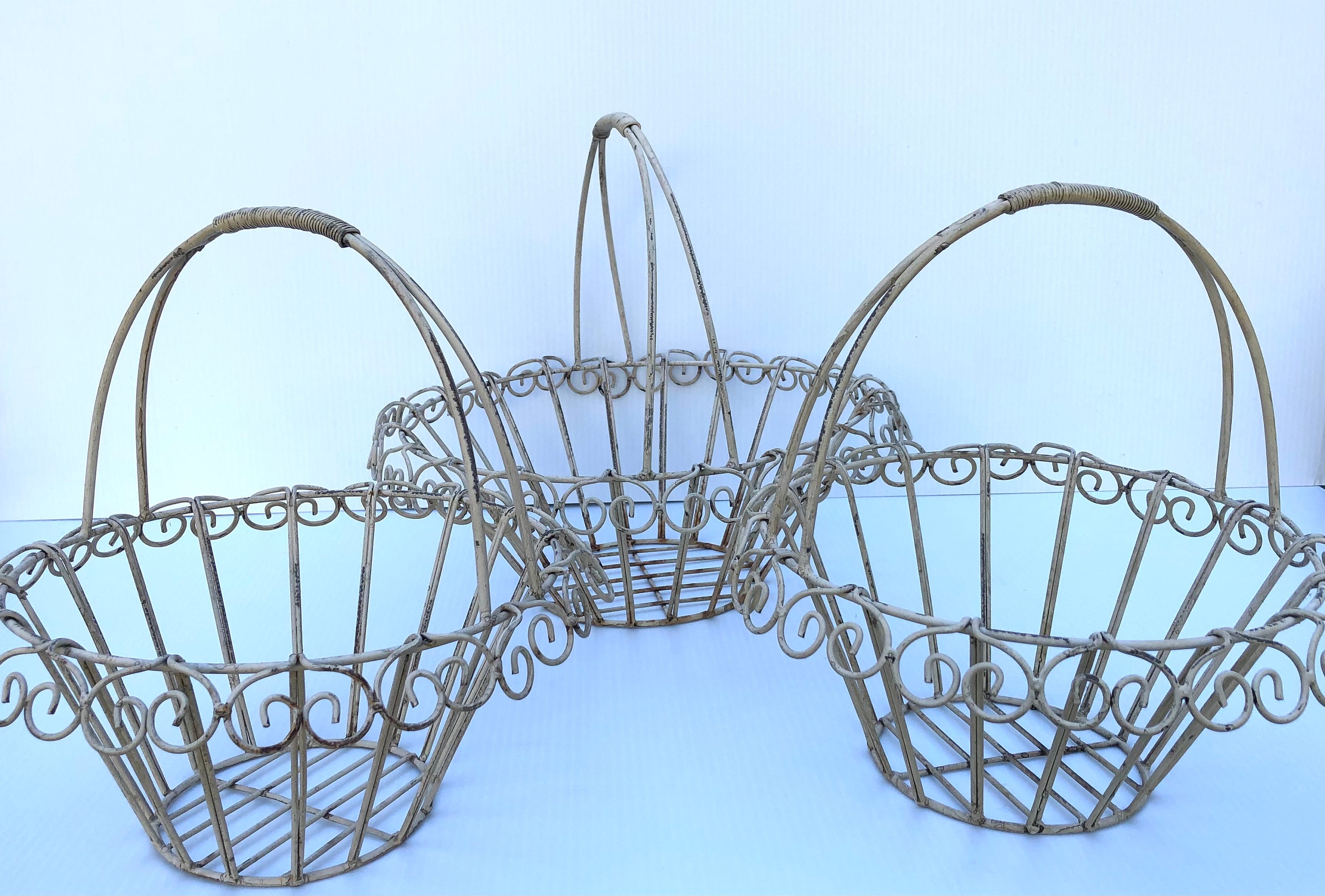 Vintage White Metal Wire Baskets, Chippy Pretzel Scroll, Set of 3