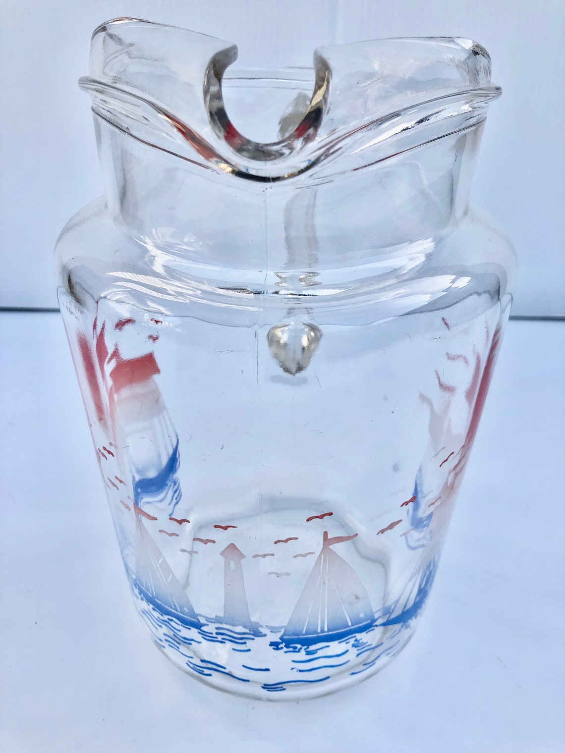 Vintage Glass Pitcher & Tumblers 6 Piece Set Red White and Etsy