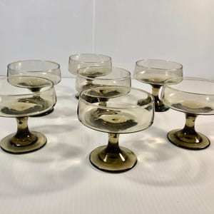 Vintage Libbey Glass Coupes, Tawny Accent Coupes, Champagne Glasses, MCM Style Smokey Glass Stemware, Set of 7 Cocktail/Sherbet/Dessert Set