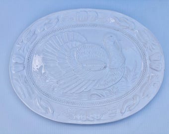 Vintage, Turkey Serving Platter, Large, White Thanksgiving Platter with Raised, Embossed Turkey in Middle, Raised  Vegetable Border/Portugal