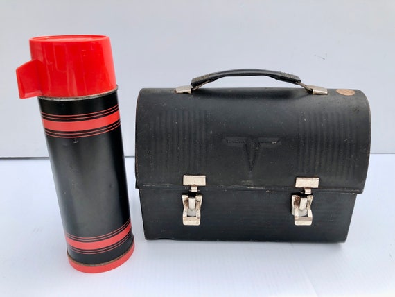 Vintage Black Metal Lunch Pail & Aladdin's Thermos, Vintage Lunch Box,  Vintage Black and Red Stripe Coffee Thermos, Rare Thermos Set 