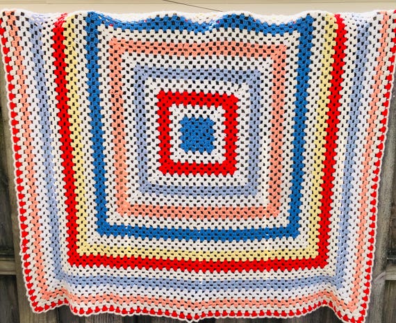 Vintage Crochet Granny Square Blanket, Rainbow Afghan, Boho Lap