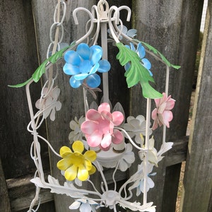 Vintage, French Floral Three Light Chandelier, White Cage Metal Tole Light With Pastel Color Flowers, Shabby Chic Swag Light