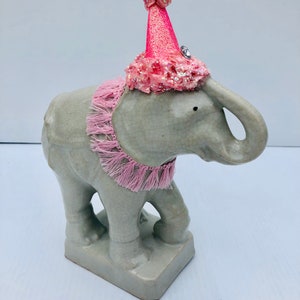 Vintage Ceramic Elephant Statue, Figural Elephant with Trunk Up, Vintage Circus Elephant, Up-Cycled Elephant, Pink Party Hat Elephant