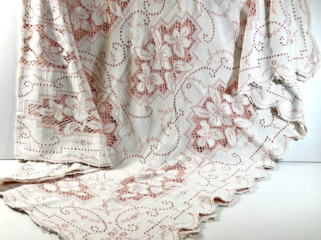 Vintage Pink Lace Tablecloth, Large, Heavy, Cotton, Blush, Pink, Floral