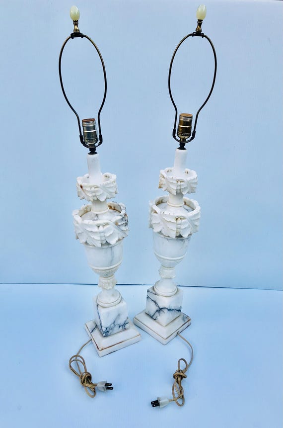 Vintage Italian Neoclassical Alabaster Marble Table Lamps, Tall Urn Style, 1940s, Set of 2