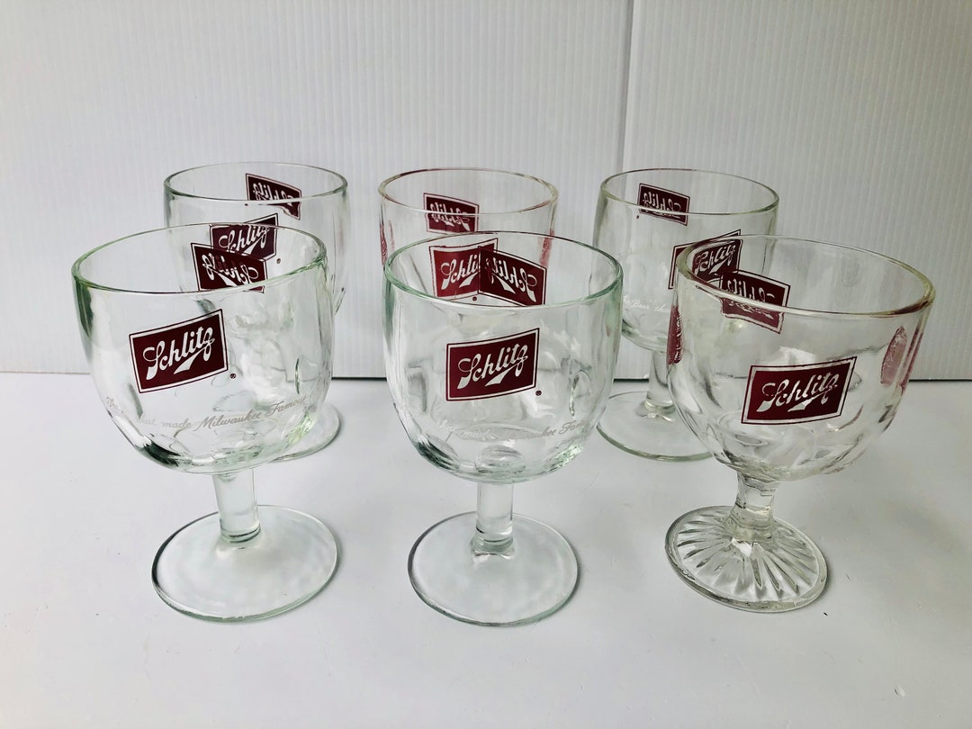 Vintage Schlitz Beer Goblets With Thumbprint Glass, Pedestal Beer