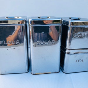 Vintage Chrome Kreamerware, Stacking Canister Set of 4, MCM Kitchen Canisters Marked Flour, Sugar, Coffee, & Tea, Retro Kitchen/Art Deco Set