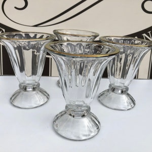 Vintage, Libbey Glass Co., Set of 4, Gold Band Rim, Ice Cream Dishes, Tulip Fluted, Footed Base, Ice Cream, Dessert Dishes, 1950s Set