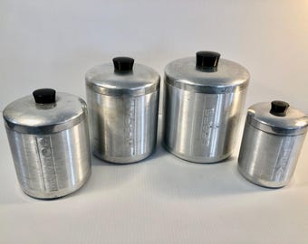 Vintage Spun Aluminum Kitchen Canister Set, Heller Hostess, MCM Decor