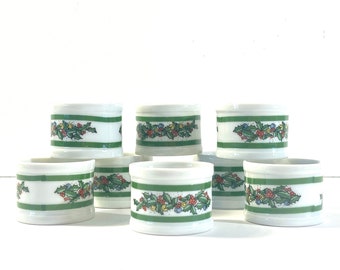 Vintage Set of 8 White Porcelain Christmas Napkin Rings, Holly w/ Red Berries, Ornaments Graphics, Made in Japan, Similar to Luminarc "Noel"