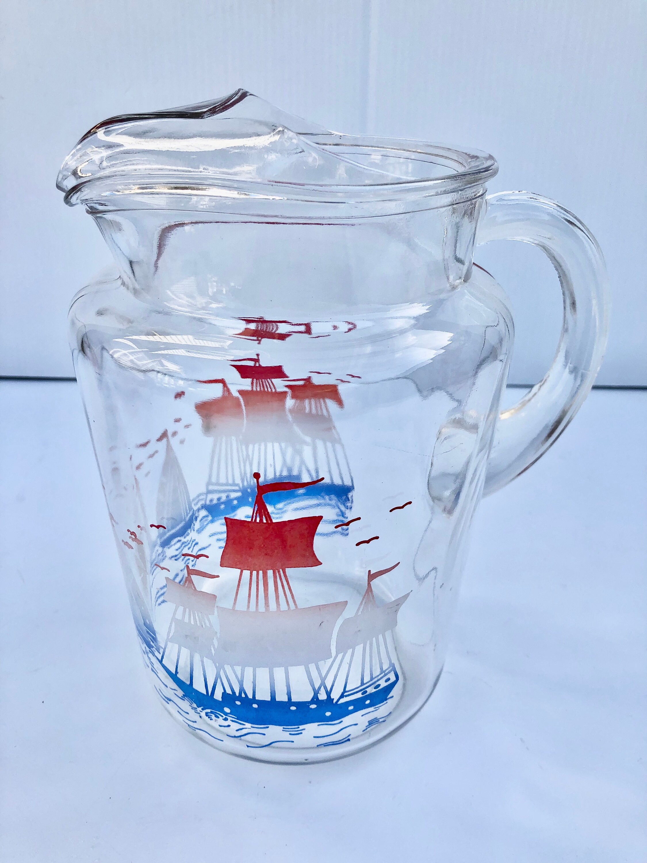 Vintage Glass Pitcher & Tumblers, 6 Piece Set, Red, White