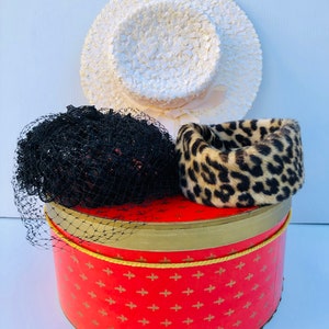 Vintage 1960s Women's Hats, Each Sold Separately, Black  Fascinator with Veil and White Wide Brim Straw Hat