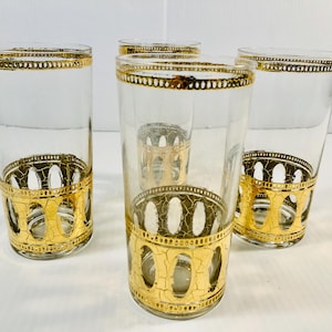 Vintage Culver Bar Glasses, Culver Antigua Highballs with 22K Gold Design, Set of 4, Hollywood Regency Bar Glasses, MCM Bar Glasses, Rare