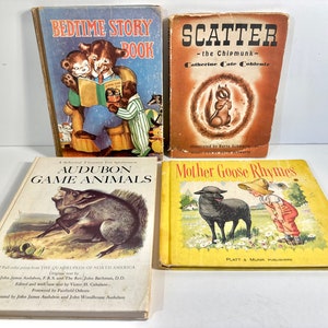 Vintage Children&#39;s Books, Sold Separately, Scatter Chipmunk 1946, Bedtime Story Book 1938, Mother Goose 1953, Audubon Game Animals 1968