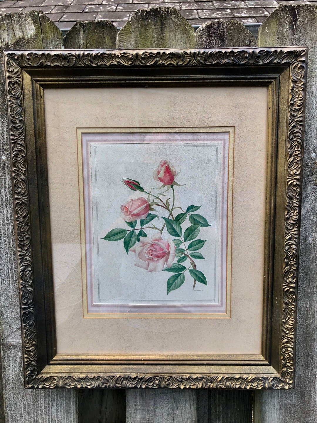 Vintage, Custom Framed, Pink Rose Picture, Marked AM Trechslin for