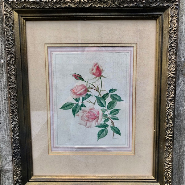 Vintage, Custom Framed, Pink Rose Picture, Marked AM Trechslin for Artist Anne Marie Trechslin, Antique Wooden Frame, Triple Matted Art