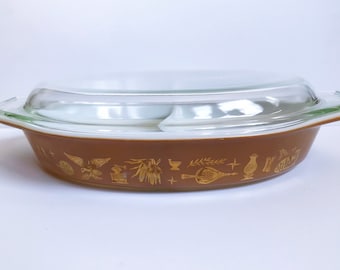 Vintage Pyrex Baking Dish, Brown & Gold Early American Pattern, 1.5 Quart