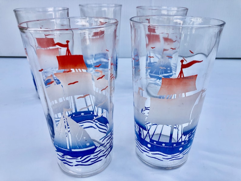 Vintage Glass Pitcher & Tumblers 6 Piece Set Red White and Etsy