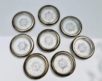 Vintage Leonard Silver-Plated Italian Coasters Set of 8 with Pressed Glass Starburst Centers