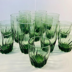 Vintage Tinted Green Beverage/Bar Glasses, Set of 14 Anchor Hocking Central Park Ivy Green Heavy Weighted Glass Drink Set, Pristine, Lovely