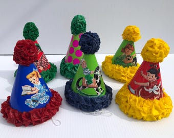 Vintage Style Party Hats, Handmade Graphics, Set of 6