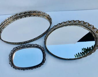 Vintage Gold Brass Filigree Vanity Mirror Trays, Set of 3