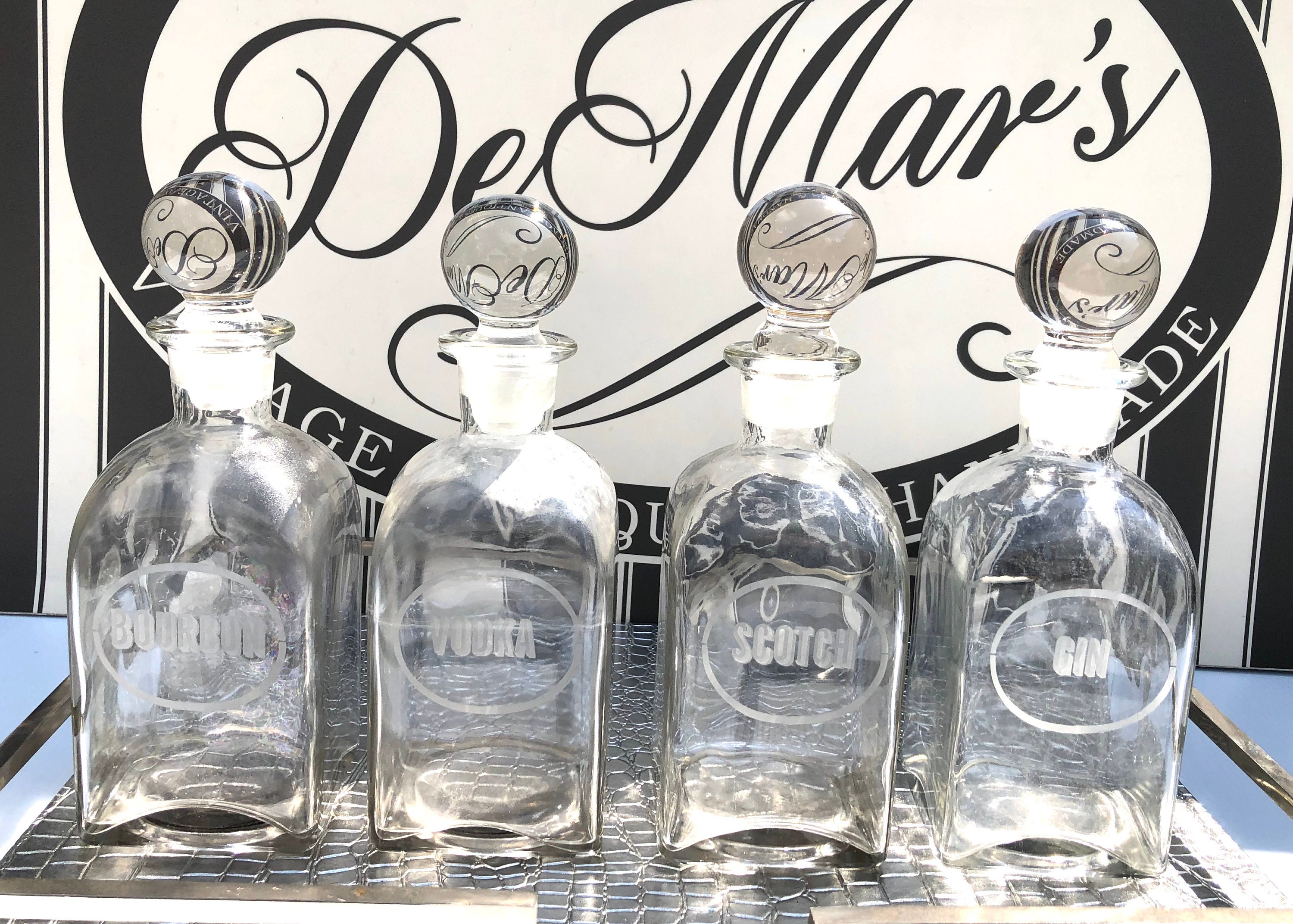 Vintage 1950s Glass Liquor Decanter Set, Engraved Scotch, Gin