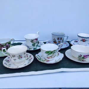 Antique, Vintage Collection of 7 Sets, 14 Pieces, Tea Cups and Saucers, Spode, Royal Albert, Salisbury, Japan, George Briard, Roy Kirkham